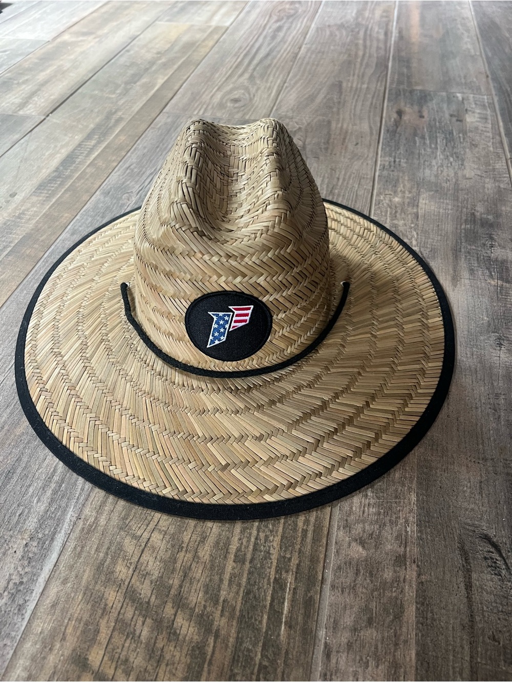 Men's Natural Straw Sun Hat with Black Trim and Flag Patch